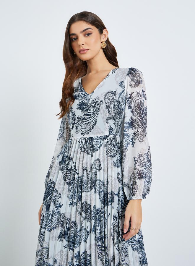 Women Navy Blue Floral Print A-Line Maxi Dress